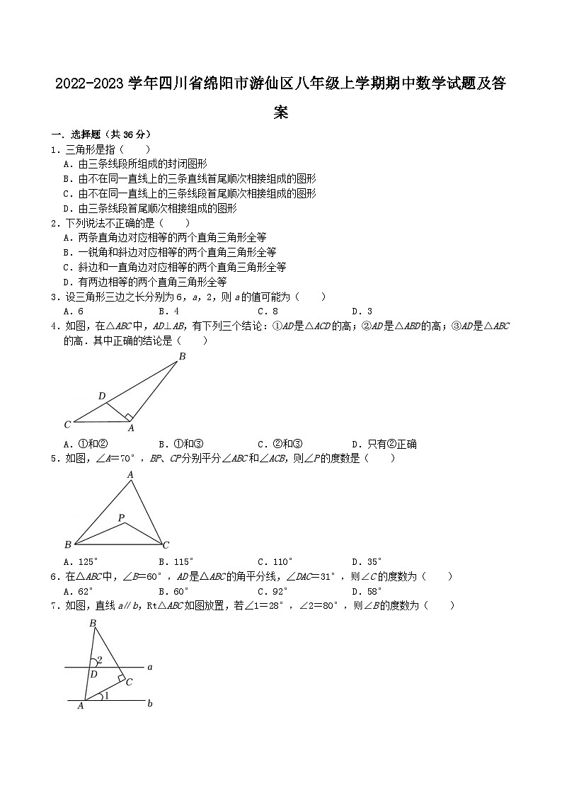 2022-2023学年四川省绵阳市游仙区八年级上学期期中数学试题及答案第1页