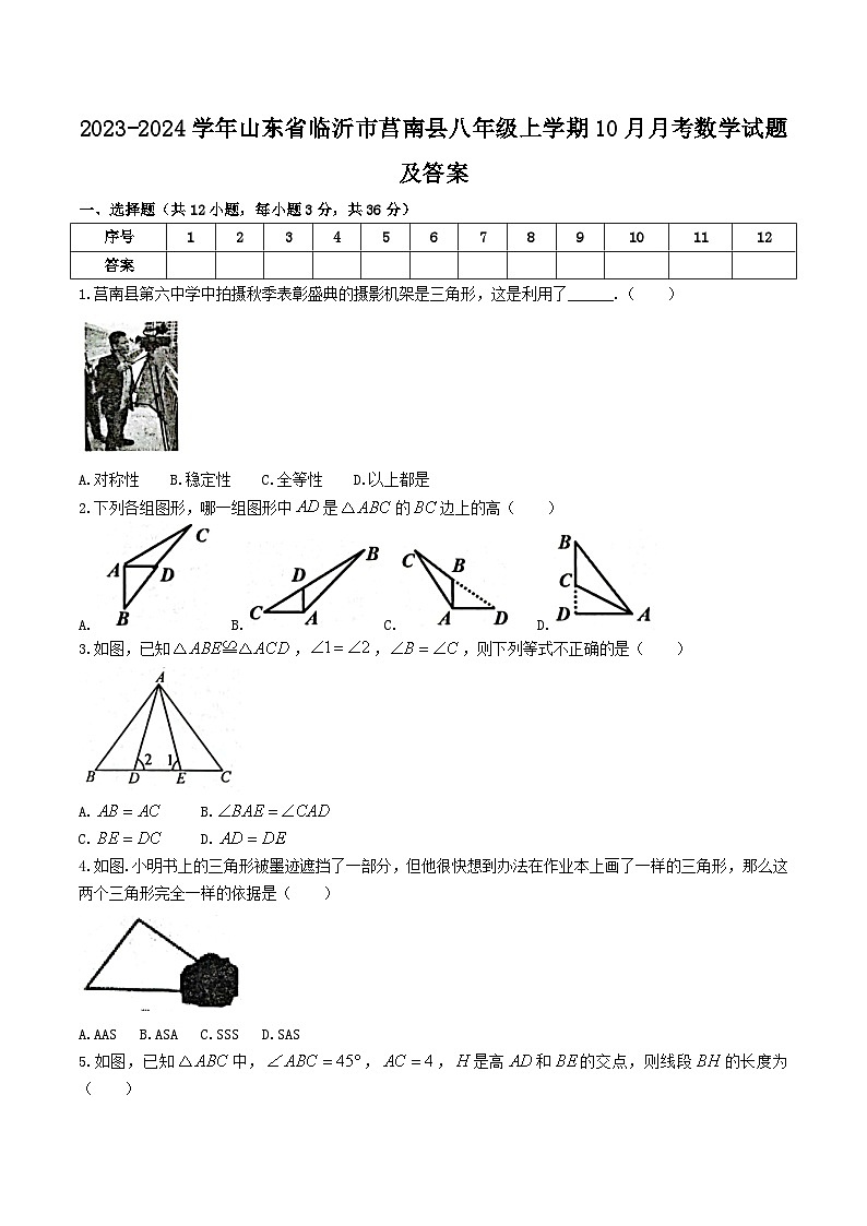 2023-2024学年山东省临沂市莒南县八年级上学期10月月考数学试题及答案第1页