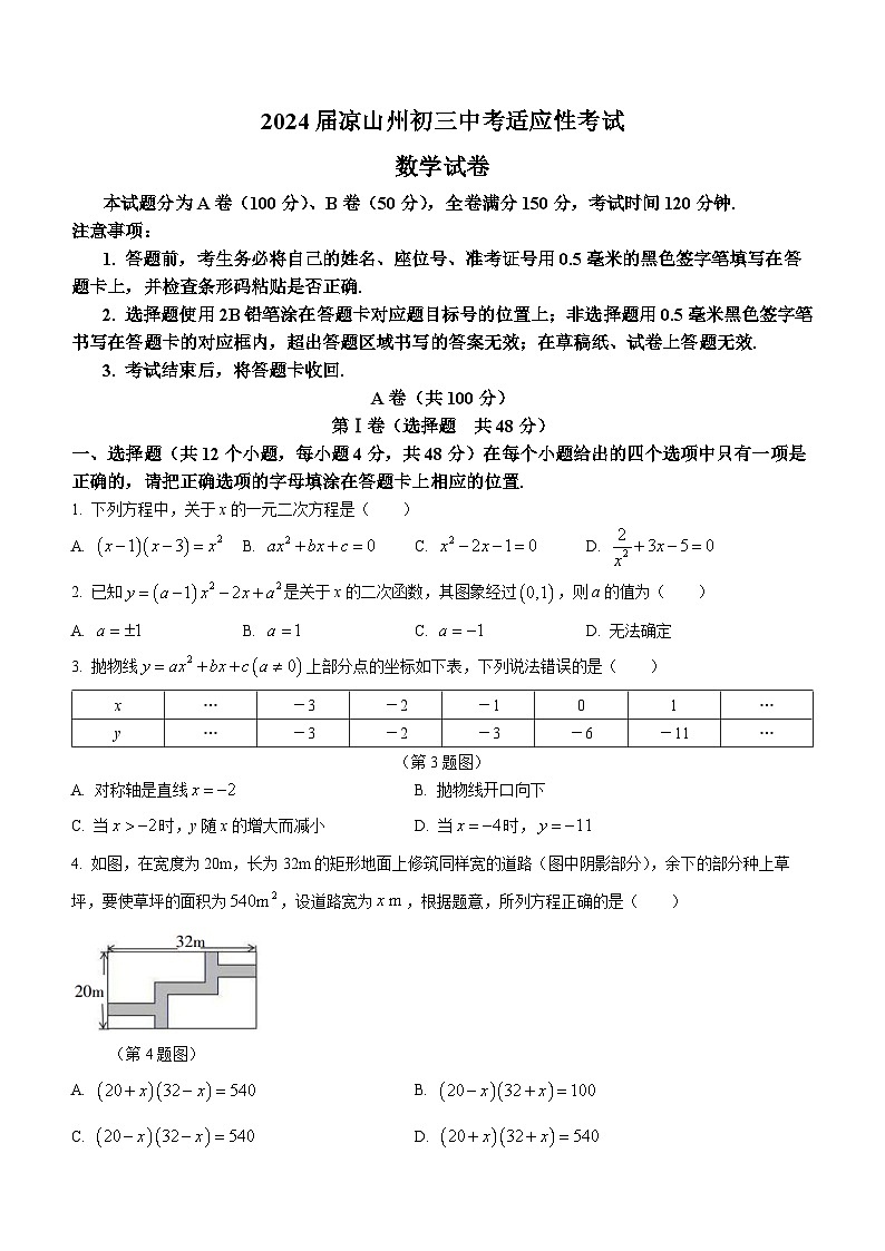 2024年四川省凉山州九年级中考适应性考试数学试题01