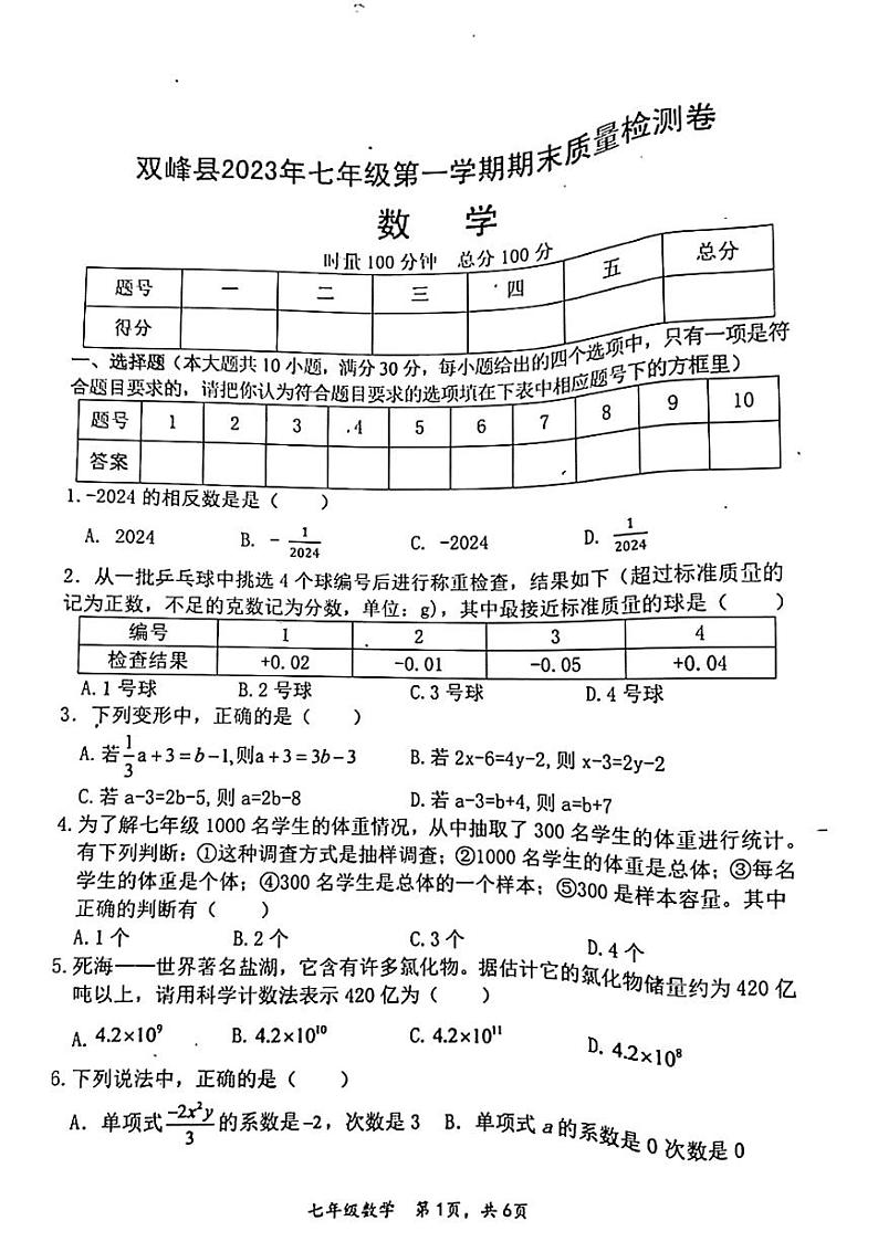 湖南省娄底市双峰县2023-2024学年七年级上学期1月期末数学试题第1页