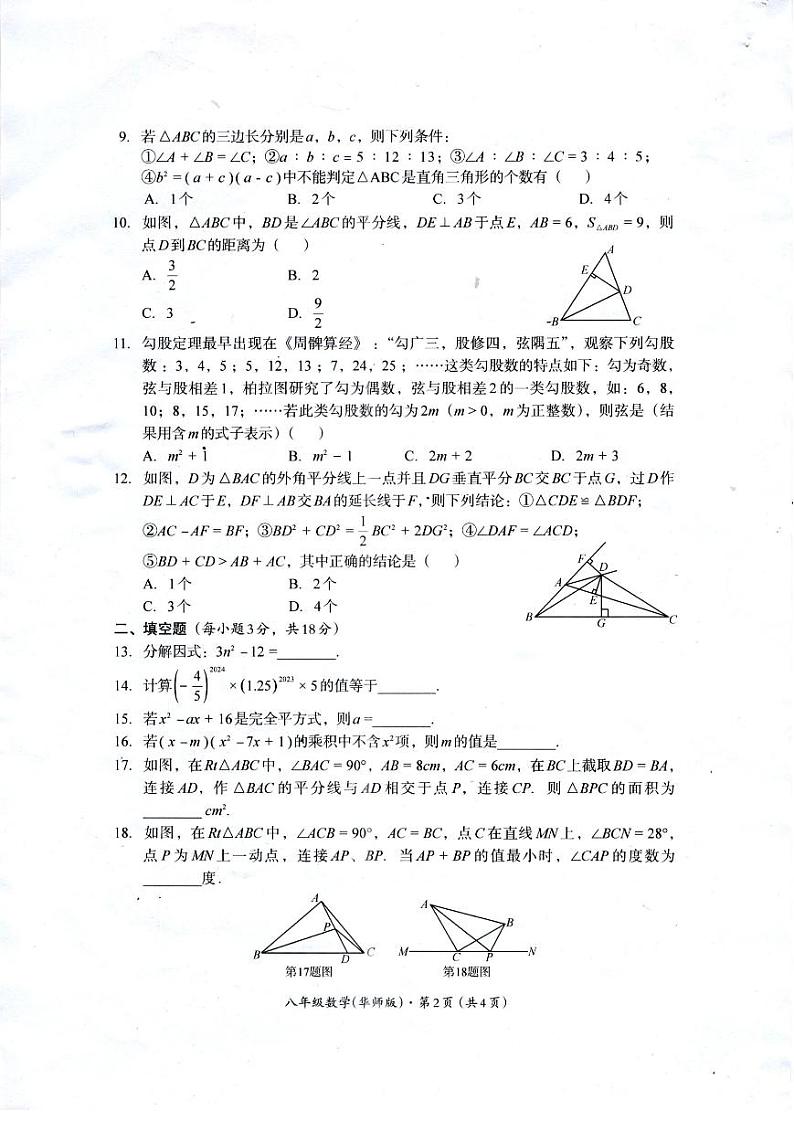 四川省巴中市2023-2024学年+八年级上学期期末考试数学试卷（华东师大版）第2页