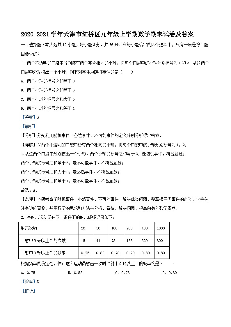 2020-2021学年天津市红桥区九年级上学期数学期末试卷及答案01