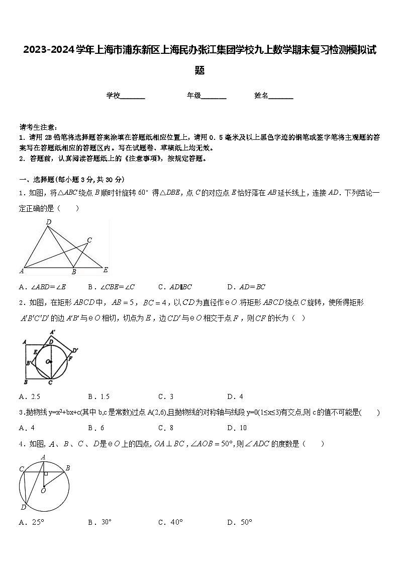 2023-2024学年上海市浦东新区上海民办张江集团学校九上数学期末复习检测模拟试题含答案01