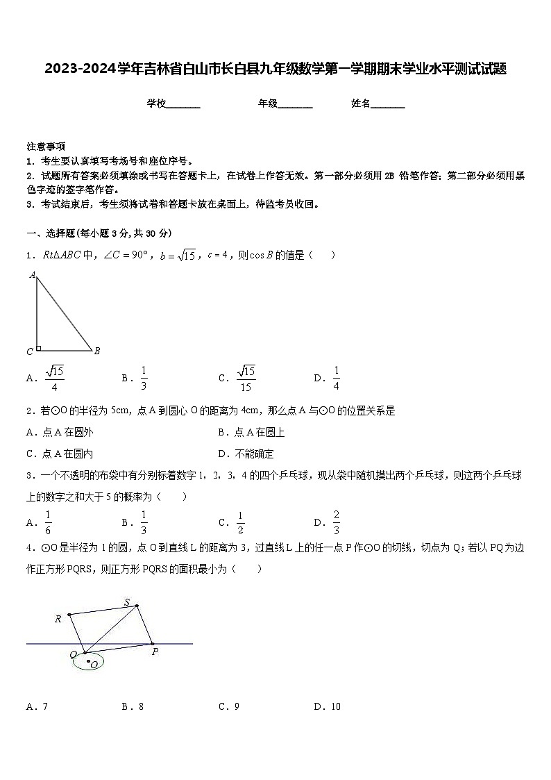2023-2024学年吉林省白山市长白县九年级数学第一学期期末学业水平测试试题含答案第1页