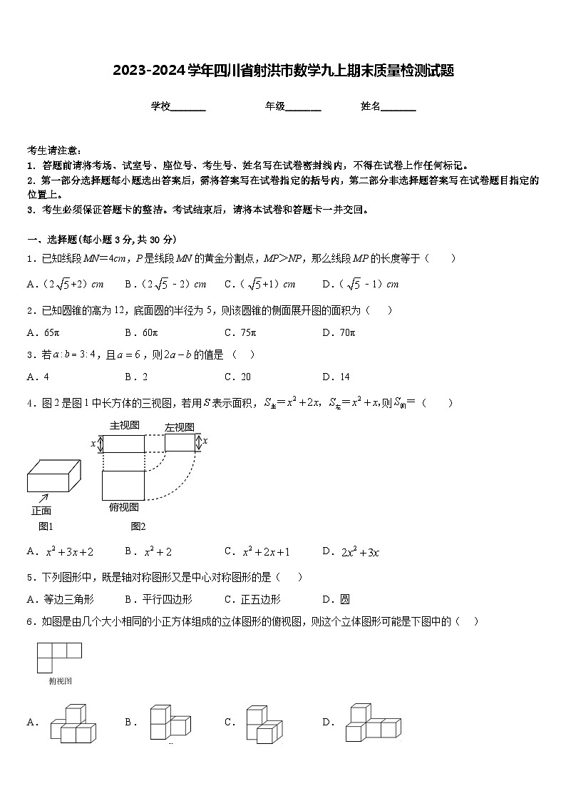 2023-2024学年四川省射洪市数学九上期末质量检测试题含答案第1页