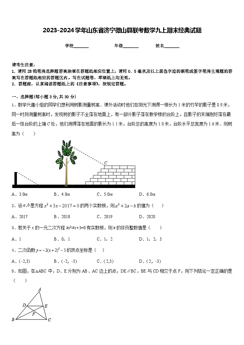 2023-2024学年山东省济宁微山县联考数学九上期末经典试题含答案第1页