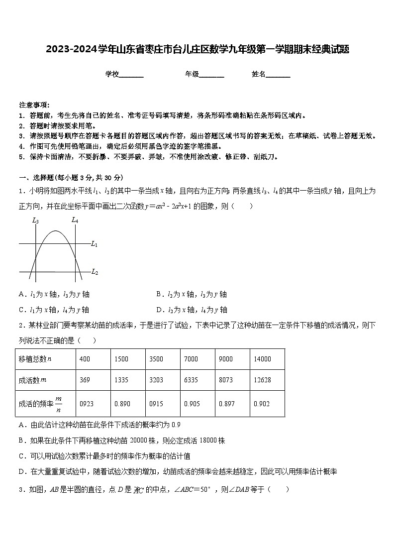 2023-2024学年山东省枣庄市台儿庄区数学九年级第一学期期末经典试题含答案01