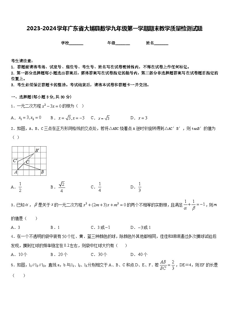 2023-2024学年广东省大埔县数学九年级第一学期期末教学质量检测试题含答案第1页