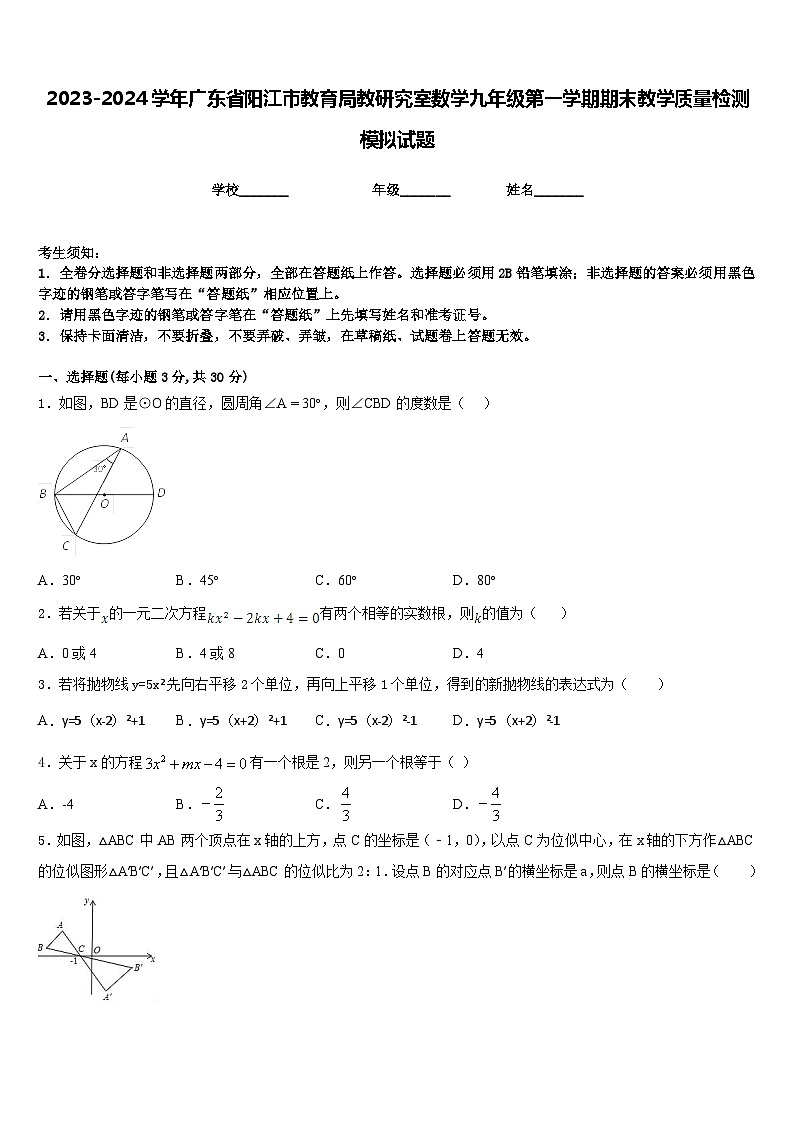 2023-2024学年广东省阳江市教育局教研究室数学九年级第一学期期末教学质量检测模拟试题含答案01