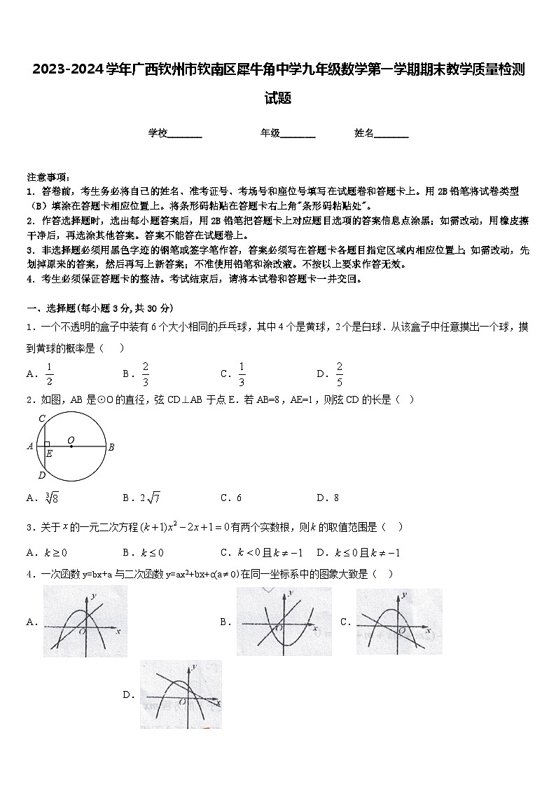 2023-2024学年广西钦州市钦南区犀牛角中学九年级数学第一学期期末教学质量检测试题含答案01