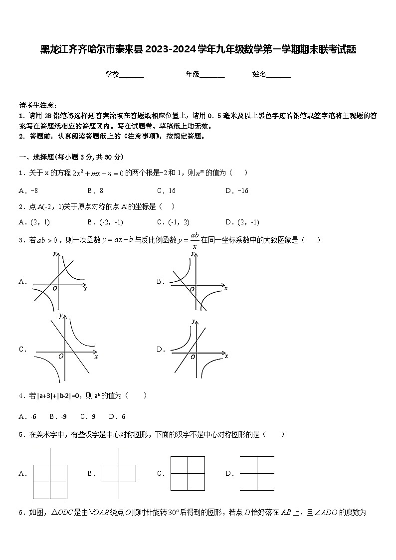 黑龙江齐齐哈尔市泰来县2023-2024学年九年级数学第一学期期末联考试题含答案第1页