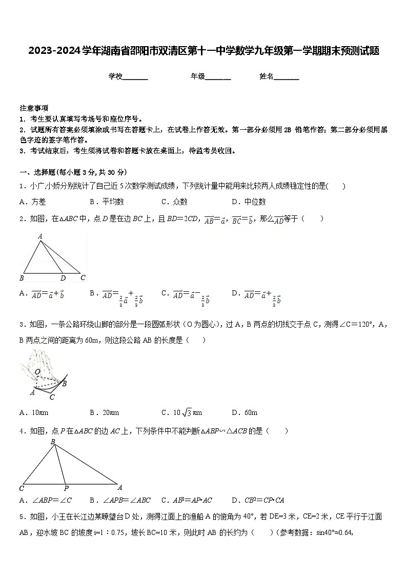 2023-2024学年湖南省邵阳市双清区第十一中学数学九年级第一学期期末预测试题含答案第1页