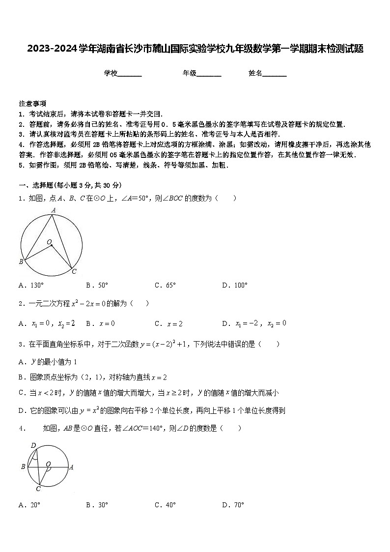 2023-2024学年湖南省长沙市麓山国际实验学校九年级数学第一学期期末检测试题含答案第1页