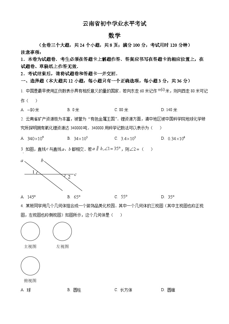 2023年云南省中考数学真题01