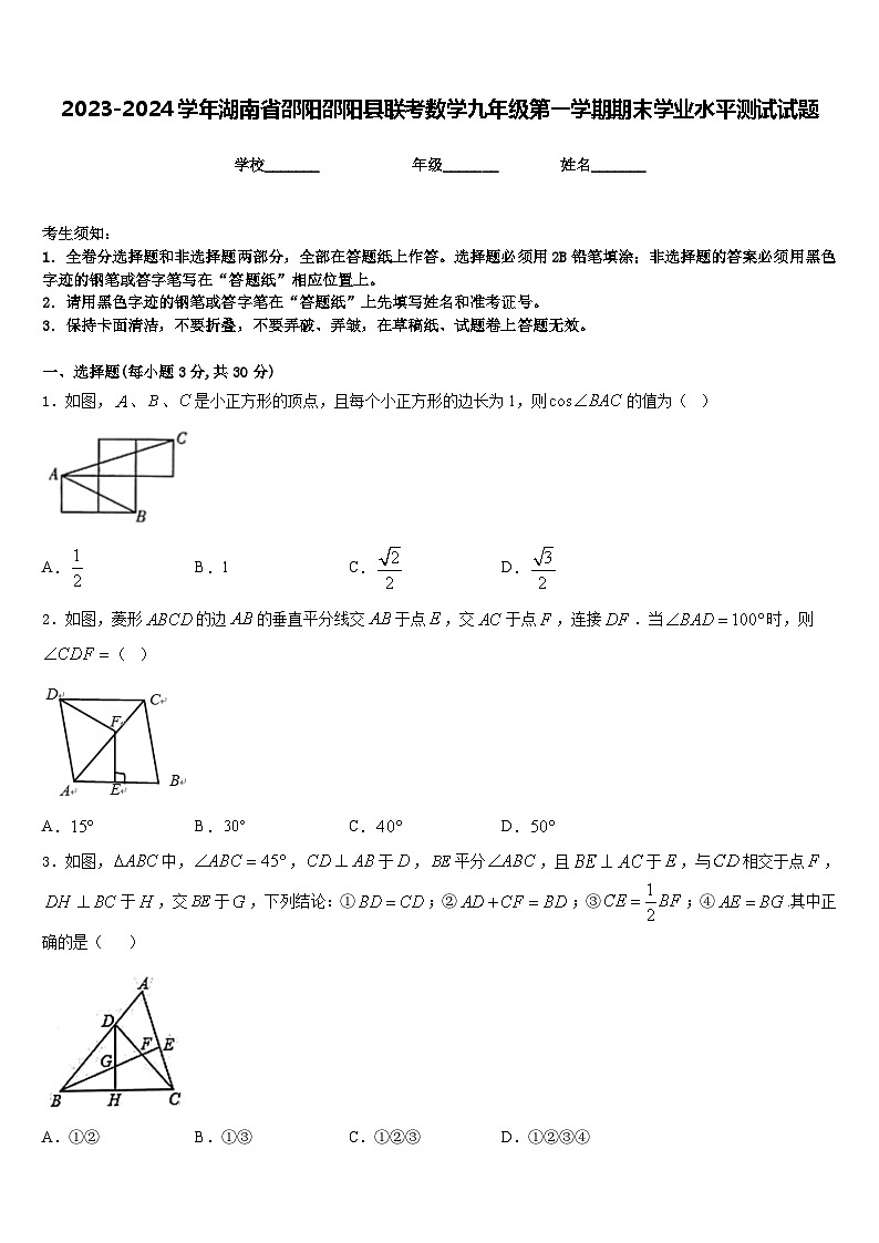 2023-2024学年湖南省邵阳邵阳县联考数学九年级第一学期期末学业水平测试试题含答案第1页