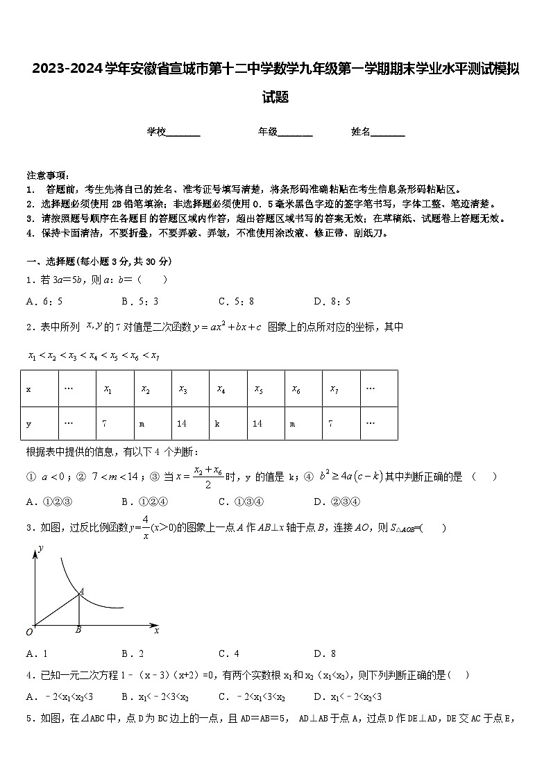 2023-2024学年安徽省宣城市第十二中学数学九年级第一学期期末学业水平测试模拟试题含答案01