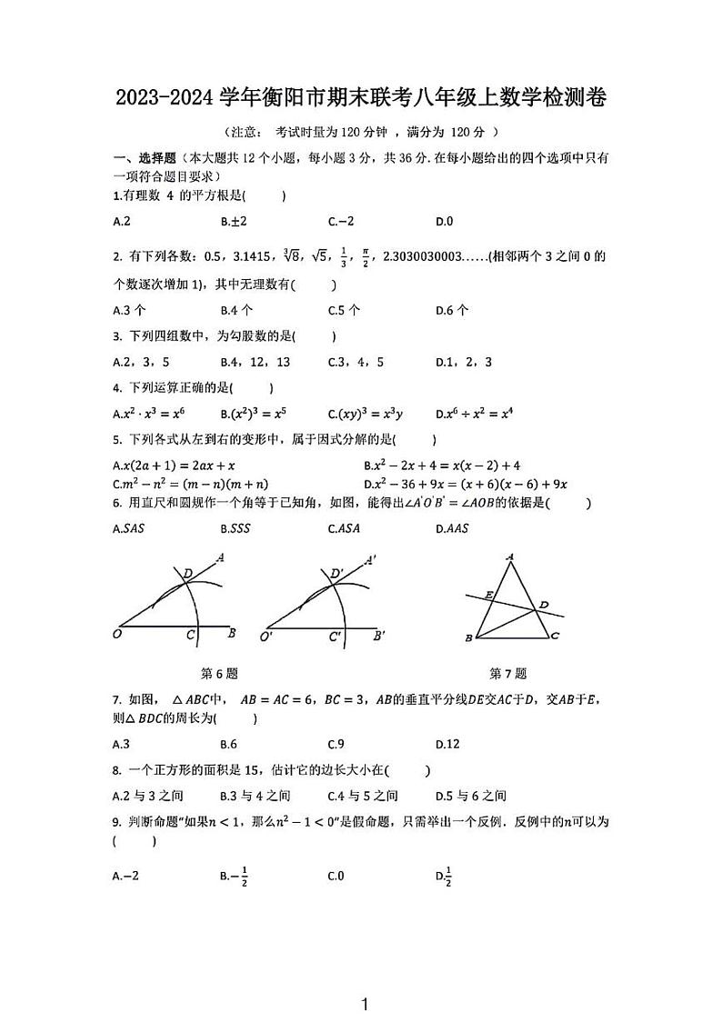 2024衡阳市期末联考八年级上学期质量检测数学试卷第1页
