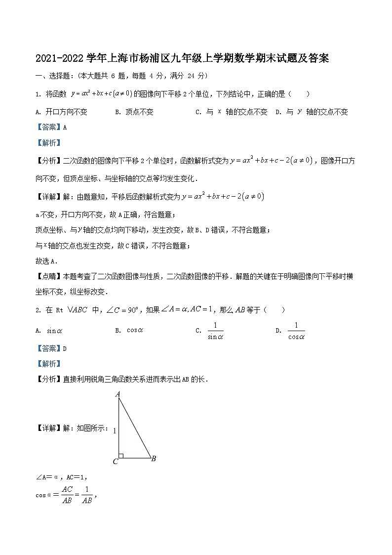 2021-2022学年上海市杨浦区九年级上学期数学期末试题及答案第1页