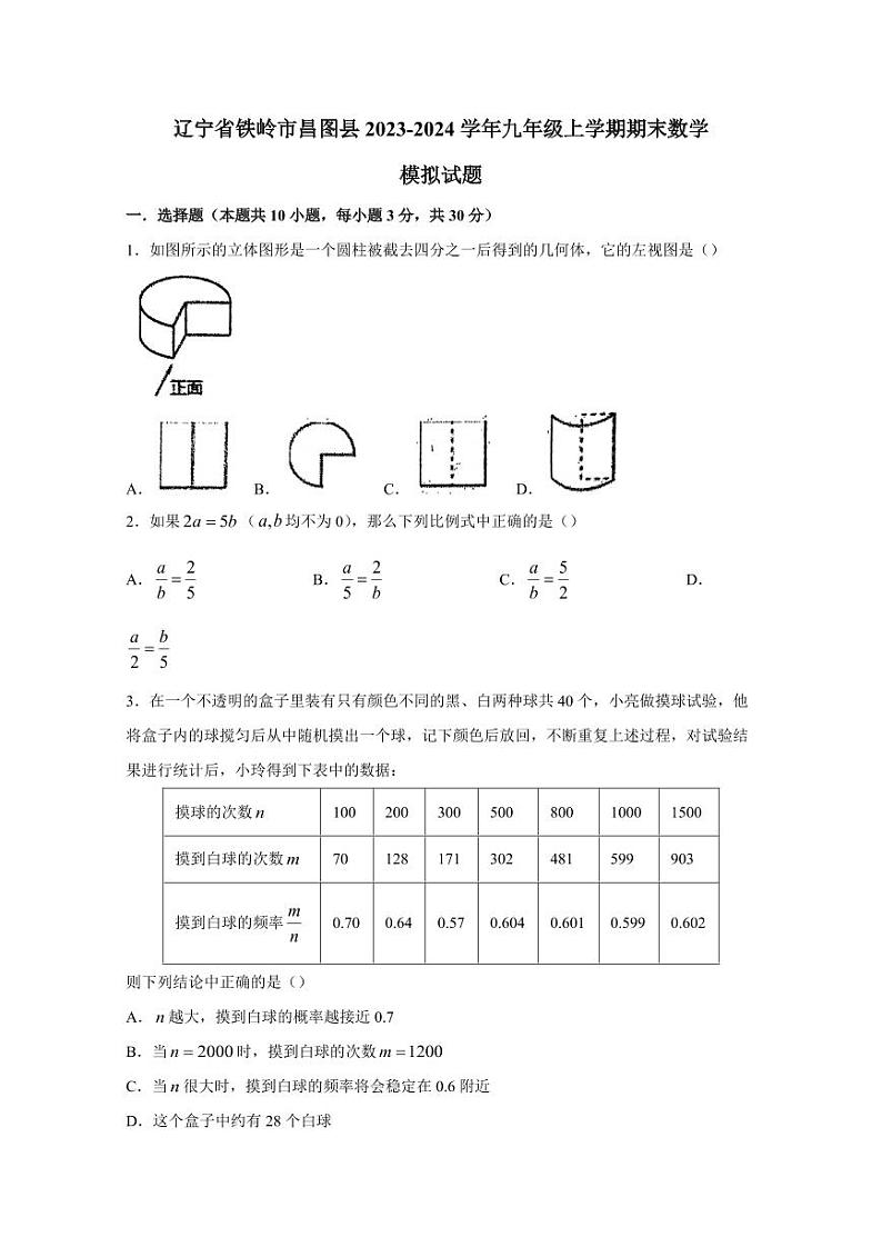 辽宁省铁岭市昌图县2023-2024学年九年级上学期期末数学模拟试题（含答案）第1页