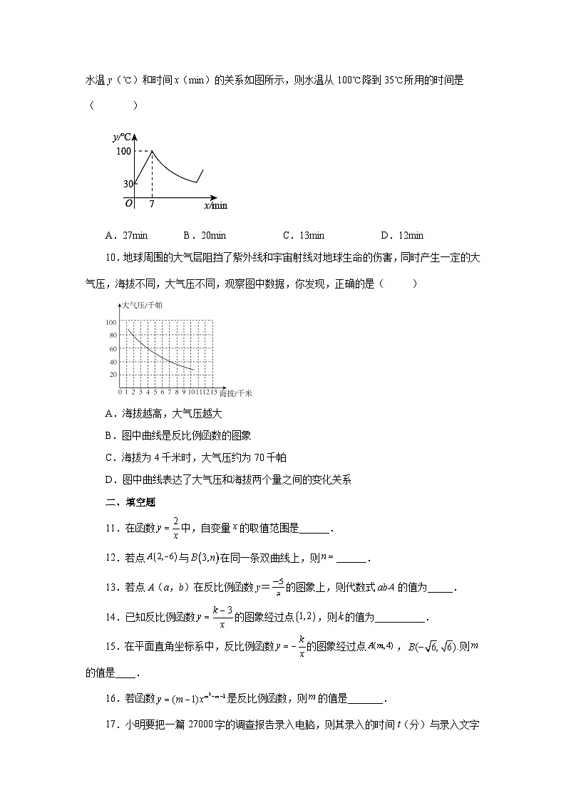 人教版九年级数学下册基础知识专项讲练 专题26.2 反比例函数（基础篇）（专项练习）02