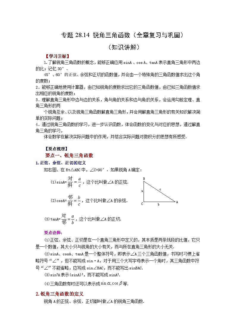 人教版九年级数学下册基础知识专项讲练 专题28.14 锐角三角函数（全章复习与巩固）（知识讲解）01