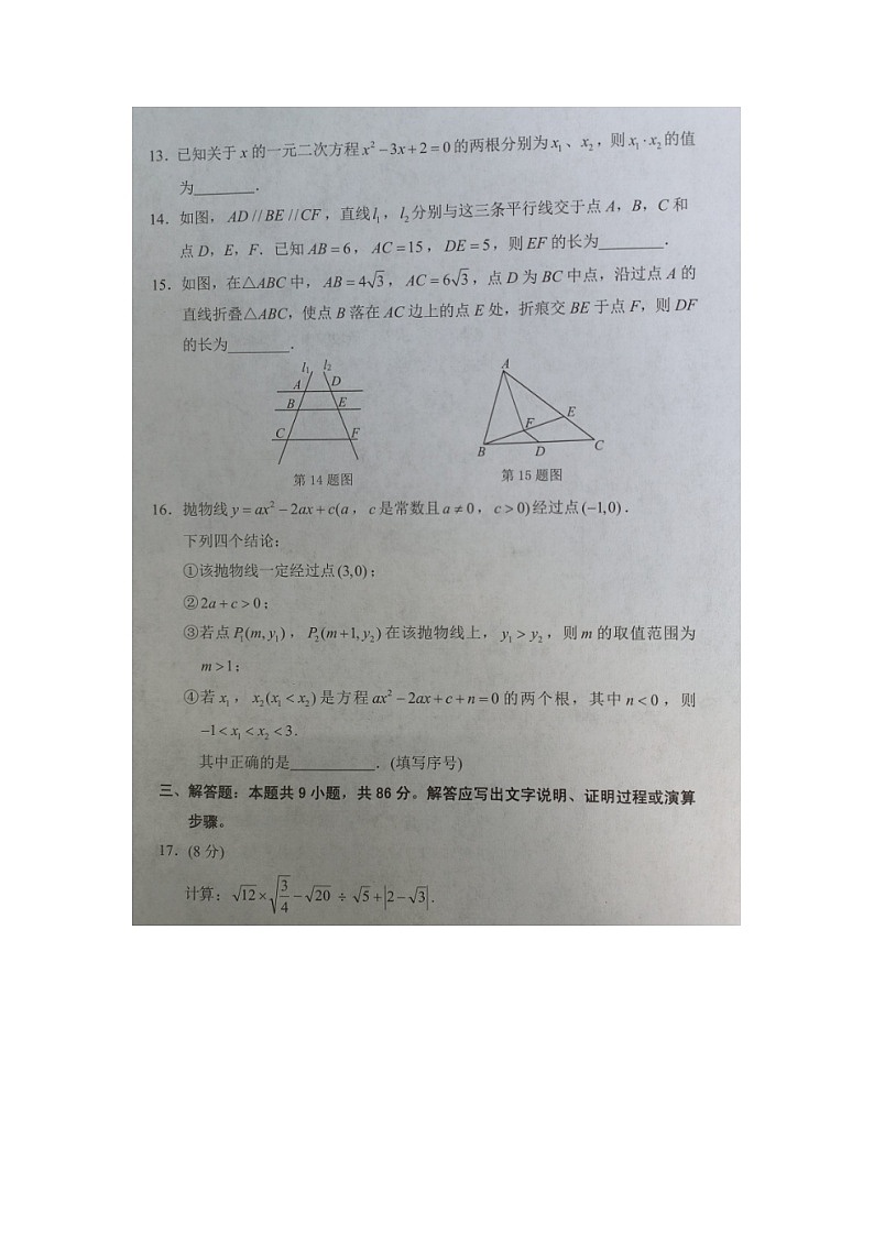 福建省泉州市晋江市2023-2024学年九年级上学期期末抽测诊断数学试题03