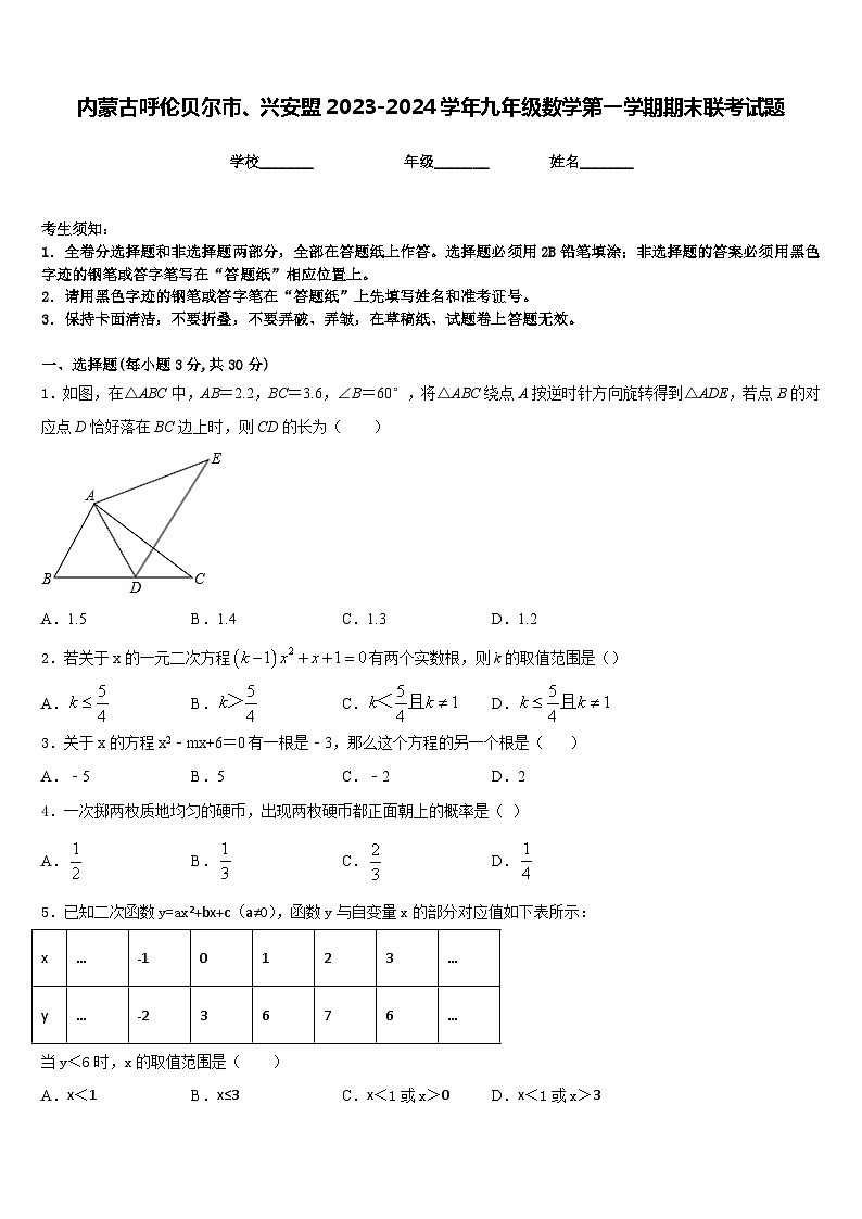 内蒙古呼伦贝尔市、兴安盟2023-2024学年九年级数学第一学期期末联考试题含答案01