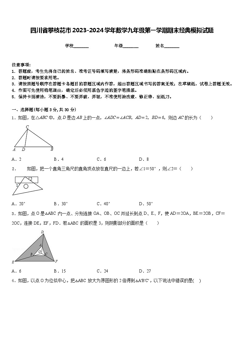 四川省攀枝花市2023-2024学年数学九年级第一学期期末经典模拟试题含答案第1页