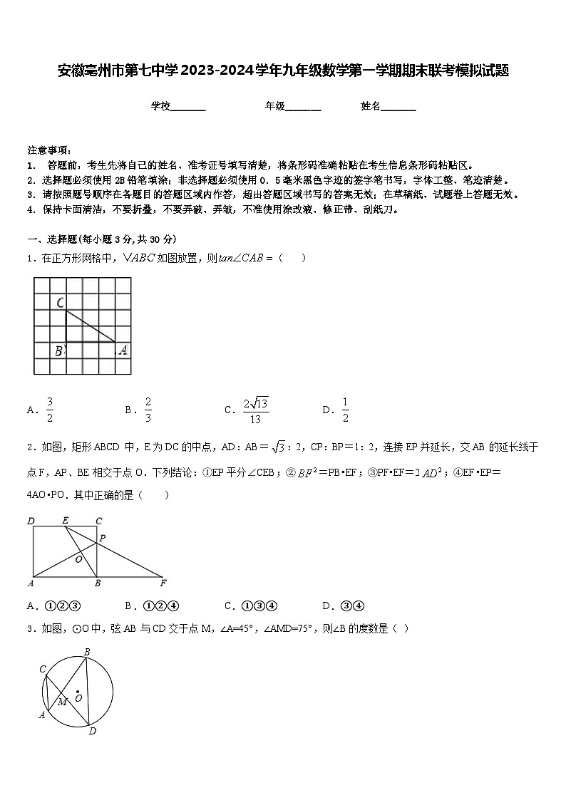 安徽亳州市第七中学2023-2024学年九年级数学第一学期期末联考模拟试题含答案01