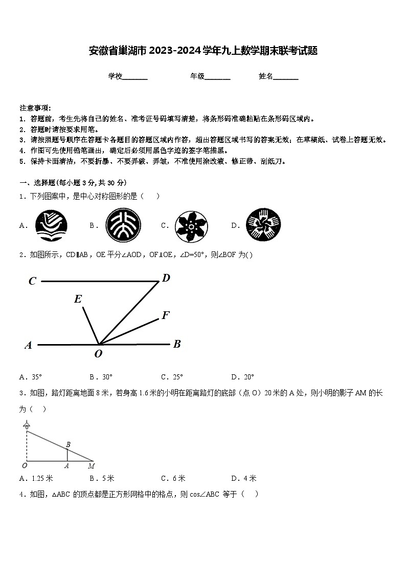 安徽省巢湖市2023-2024学年九上数学期末联考试题含答案第1页