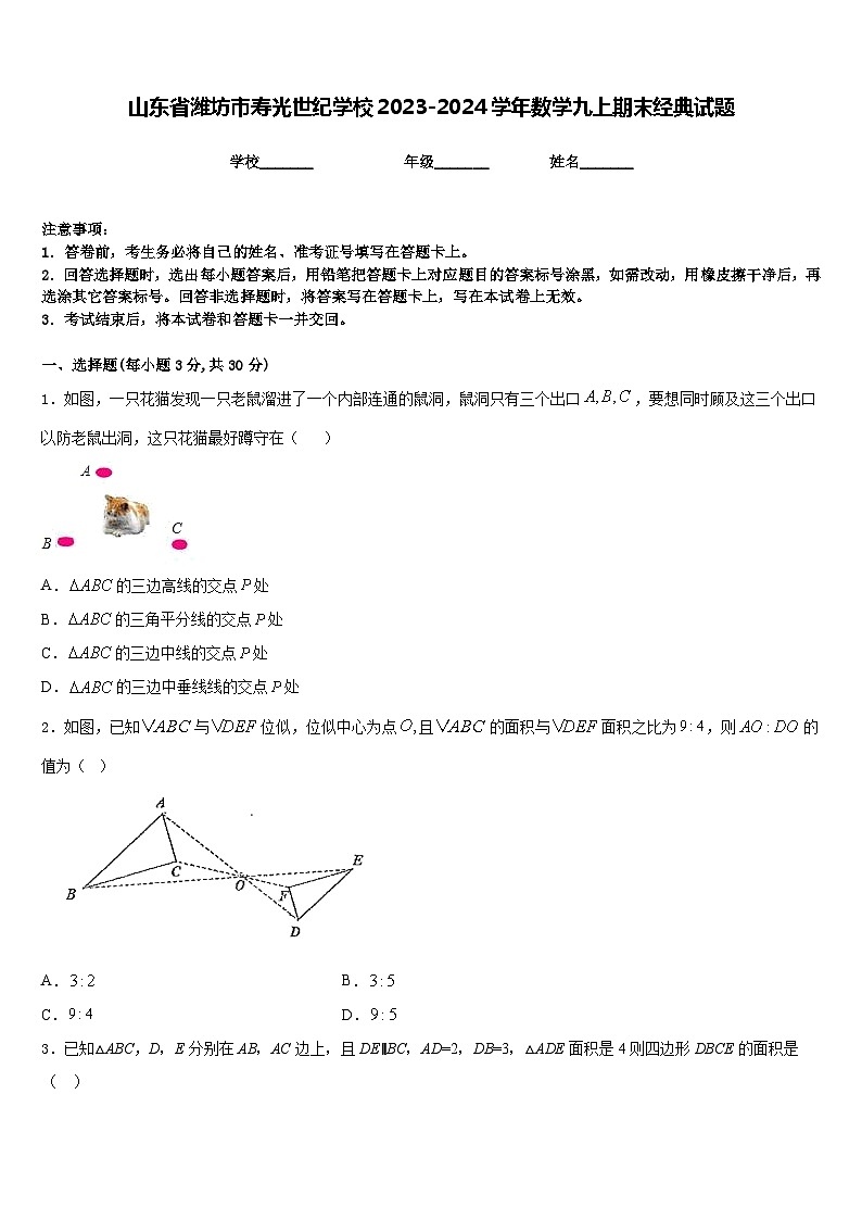 山东省潍坊市寿光世纪学校2023-2024学年数学九上期末经典试题含答案第1页