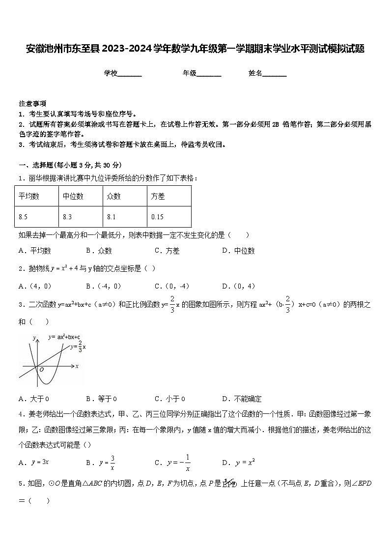 安徽池州市东至县2023-2024学年数学九年级第一学期期末学业水平测试模拟试题含答案第1页