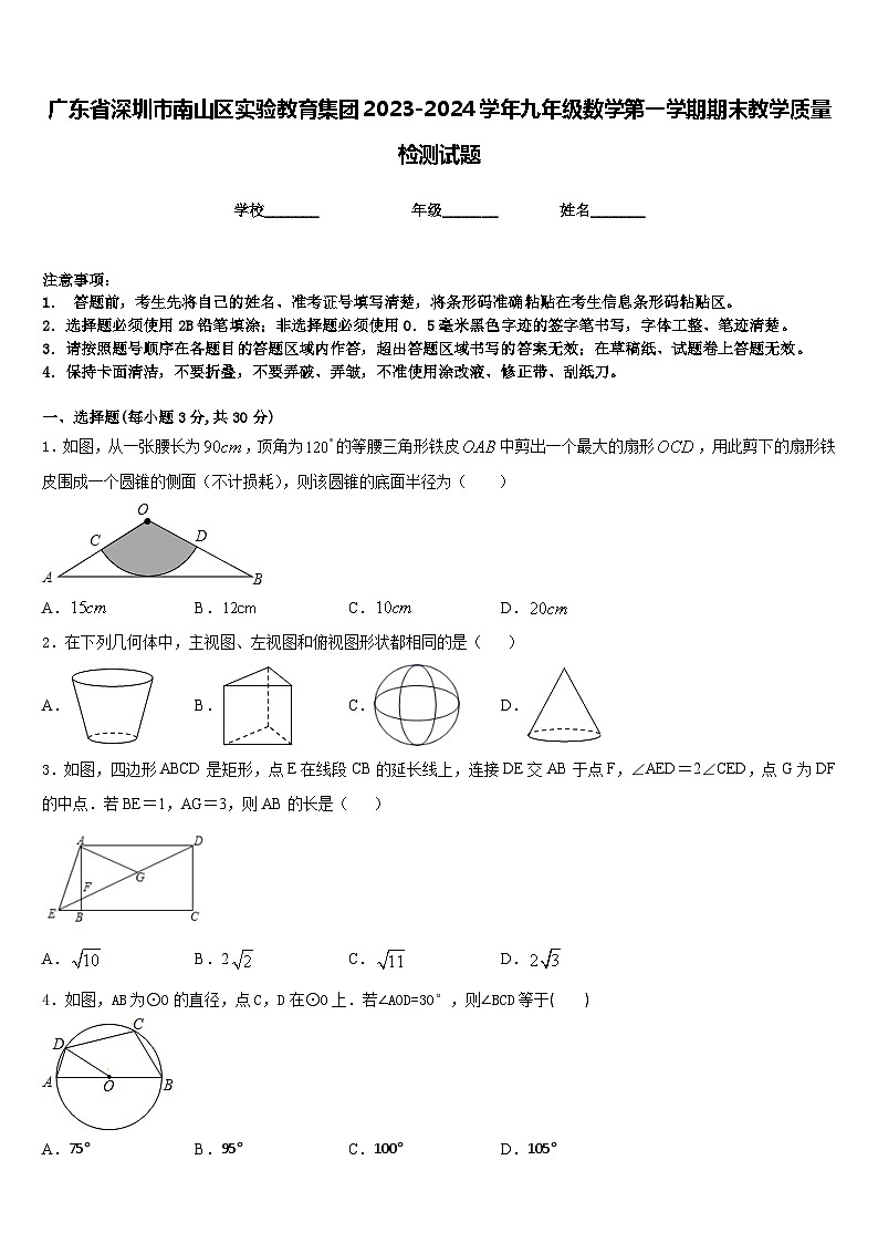 广东省深圳市南山区实验教育集团2023-2024学年九年级数学第一学期期末教学质量检测试题含答案01