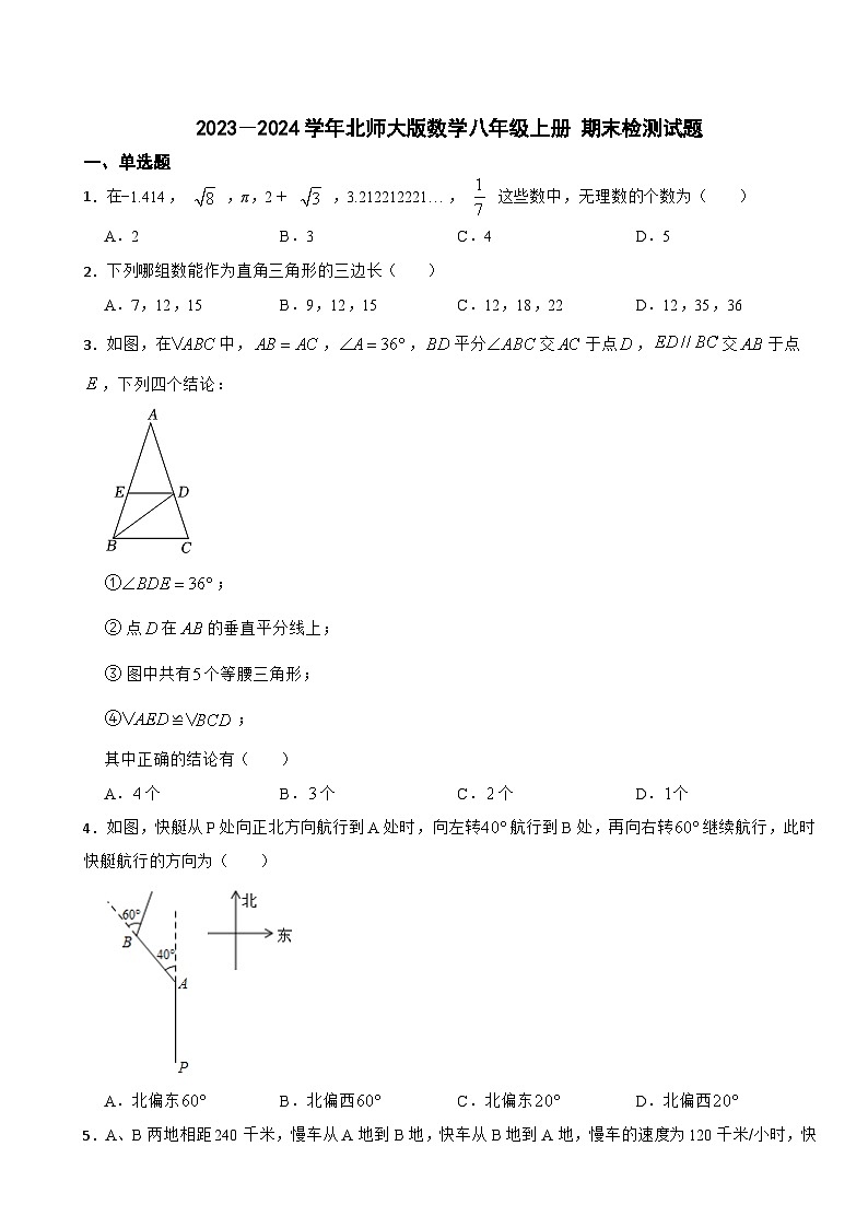 北师大版2023－2024学年数学八年级上册 期末检测试题01