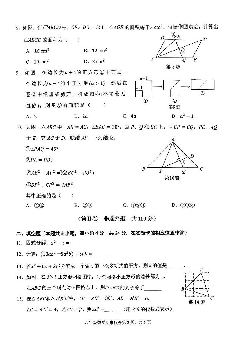 福建省泉州市鲤城区2023-2024学年八年级上学期1月期末数学试题第2页