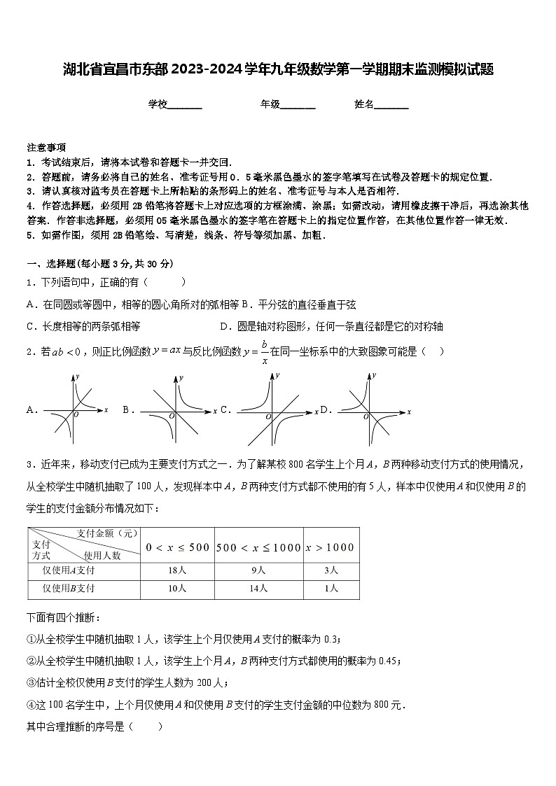 湖北省宜昌市东部2023-2024学年九年级数学第一学期期末监测模拟试题含答案第1页