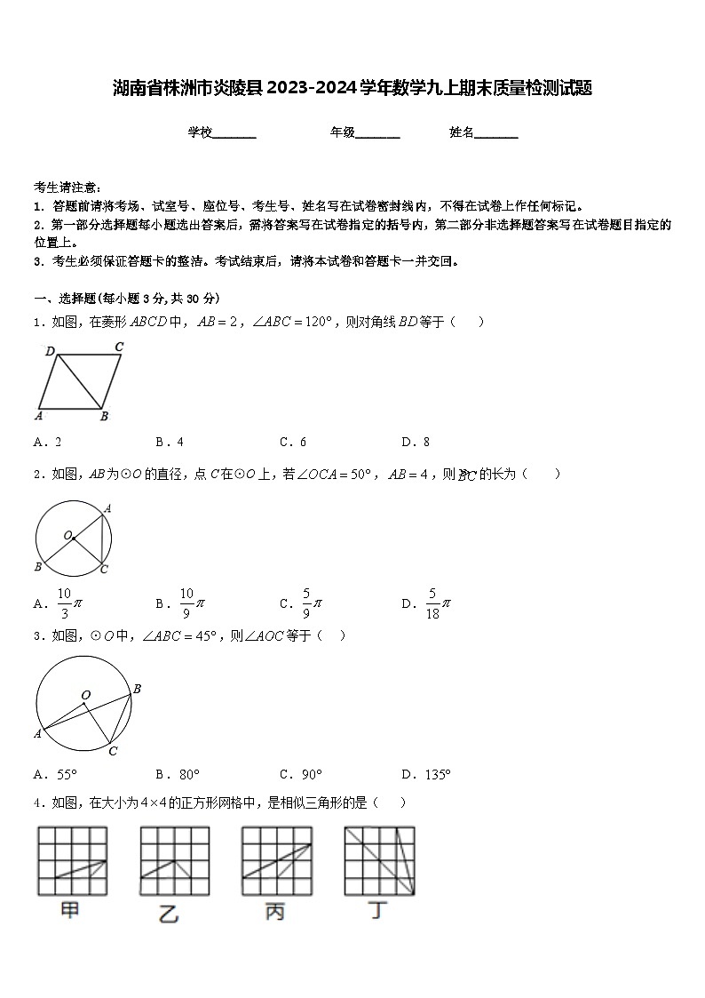 湖南省株洲市炎陵县2023-2024学年数学九上期末质量检测试题含答案01