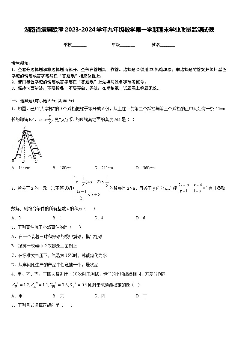 湖南省澧县联考2023-2024学年九年级数学第一学期期末学业质量监测试题含答案第1页