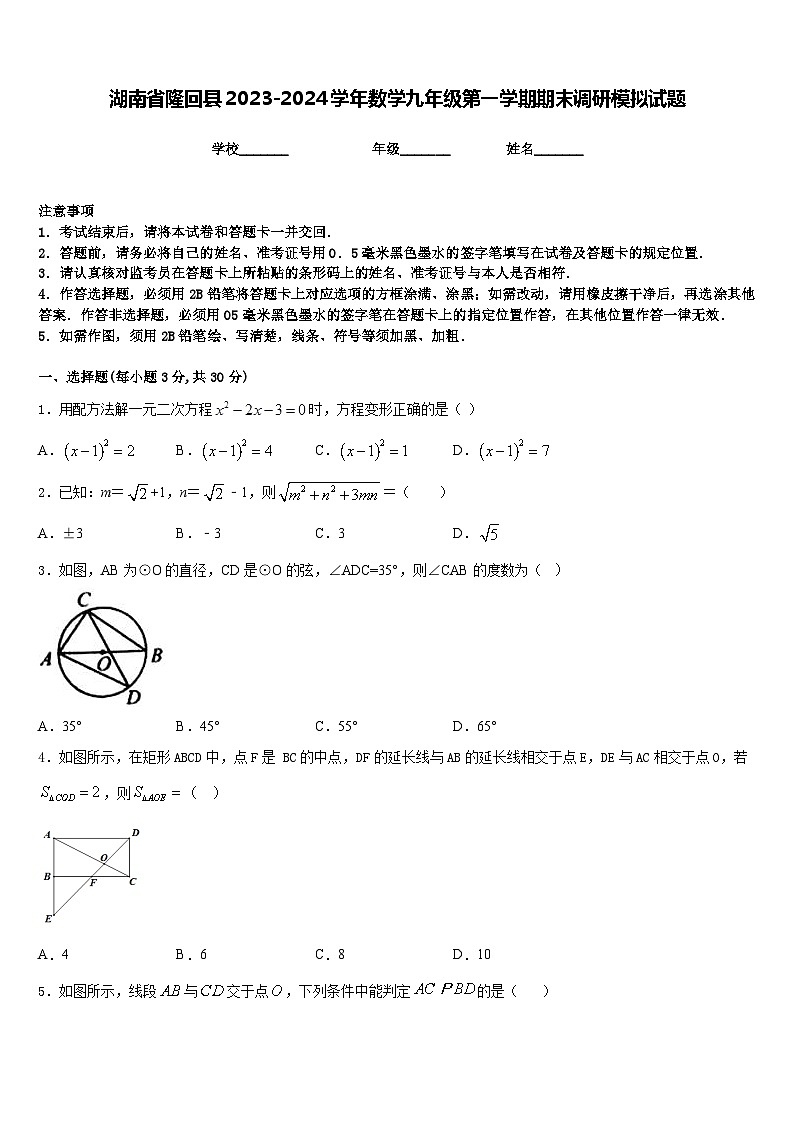 湖南省隆回县2023-2024学年数学九年级第一学期期末调研模拟试题含答案01