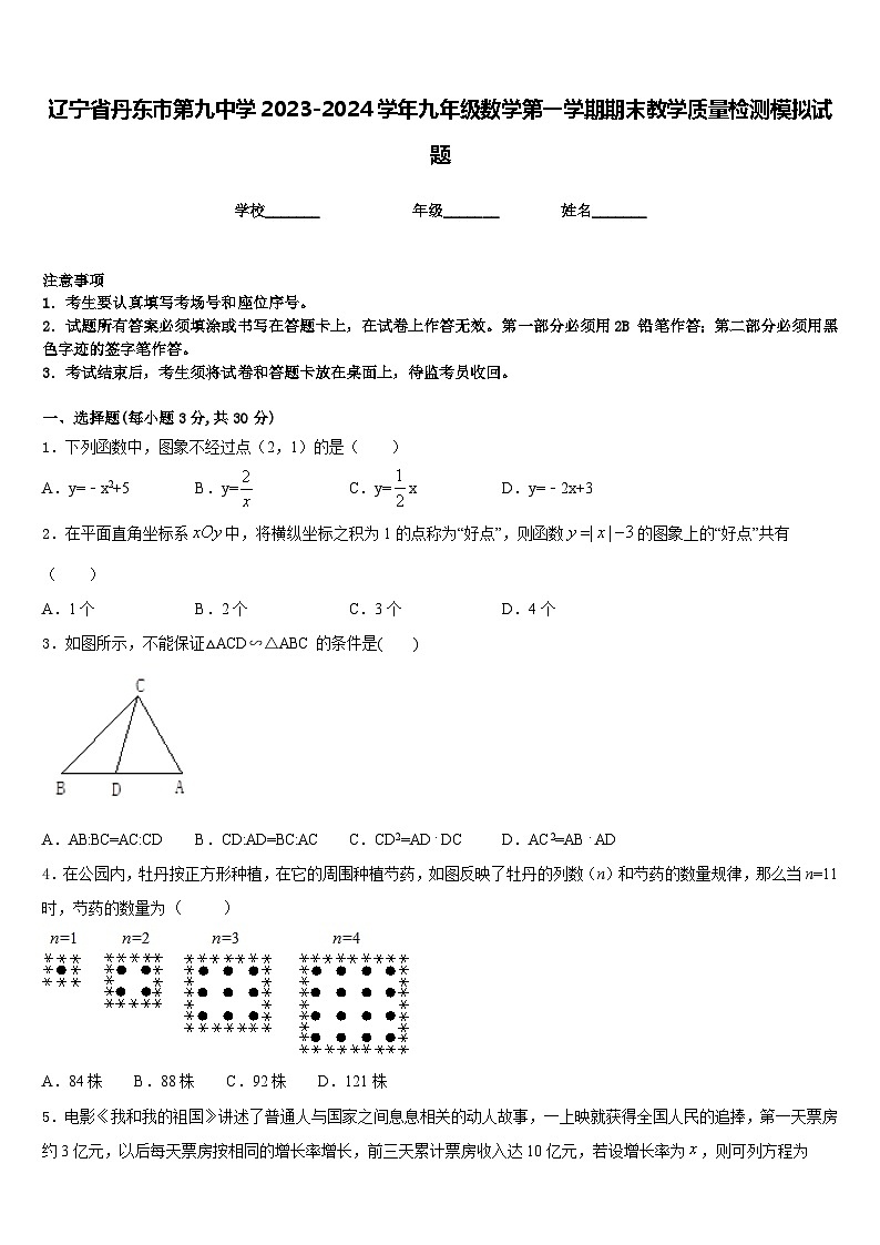 辽宁省丹东市第九中学2023-2024学年九年级数学第一学期期末教学质量检测模拟试题含答案第1页