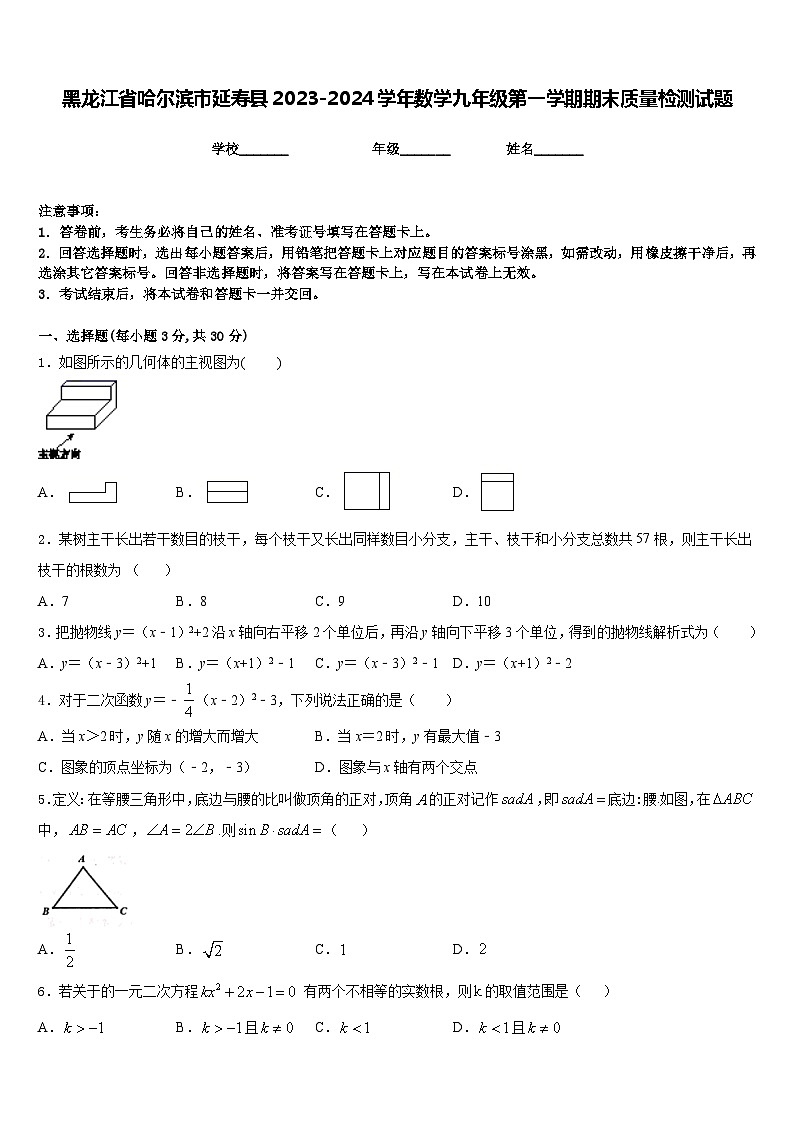 黑龙江省哈尔滨市延寿县2023-2024学年数学九年级第一学期期末质量检测试题含答案第1页