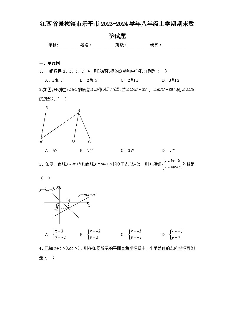 江西省景德镇市乐平市2023-2024学年八年级上学期期末数学试题(含答案)第1页