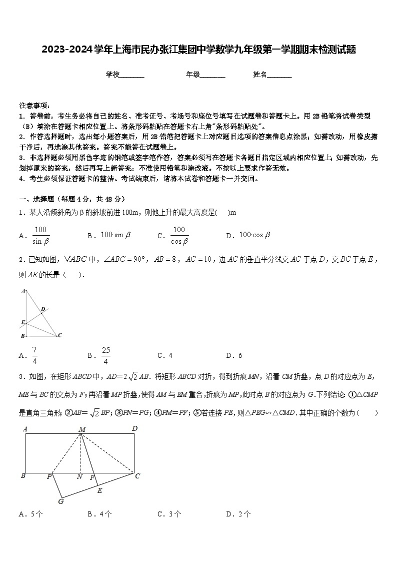 2023-2024学年上海市民办张江集团中学数学九年级第一学期期末检测试题含答案第1页