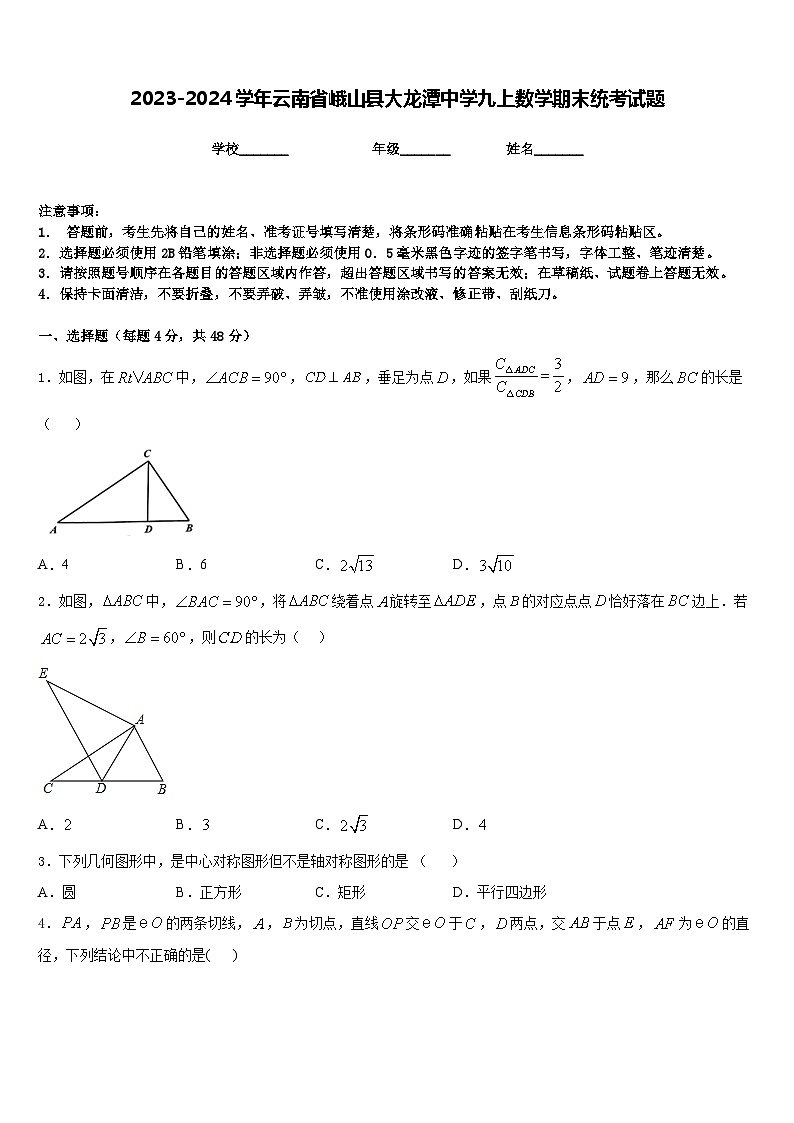 2023-2024学年云南省峨山县大龙潭中学九上数学期末统考试题含答案第1页