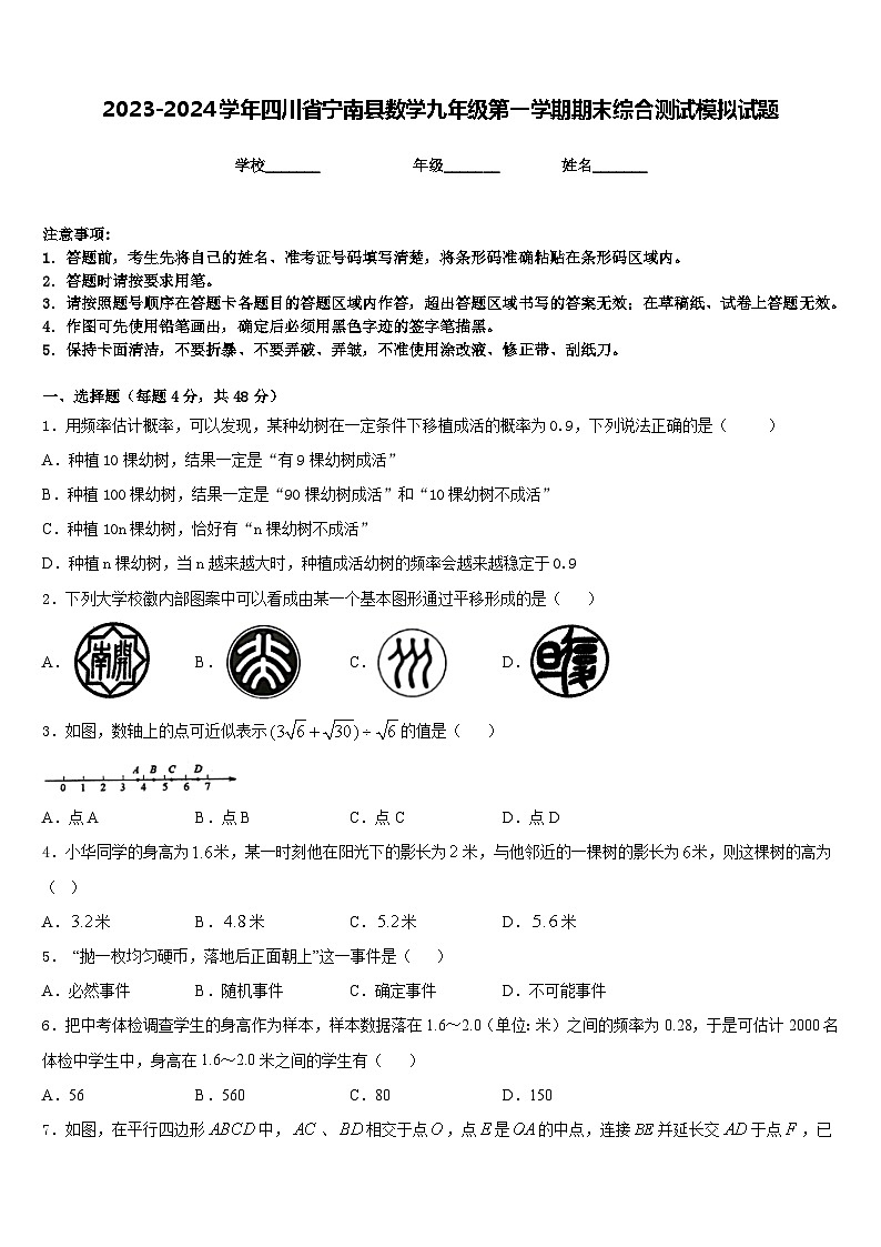2023-2024学年四川省宁南县数学九年级第一学期期末综合测试模拟试题含答案第1页
