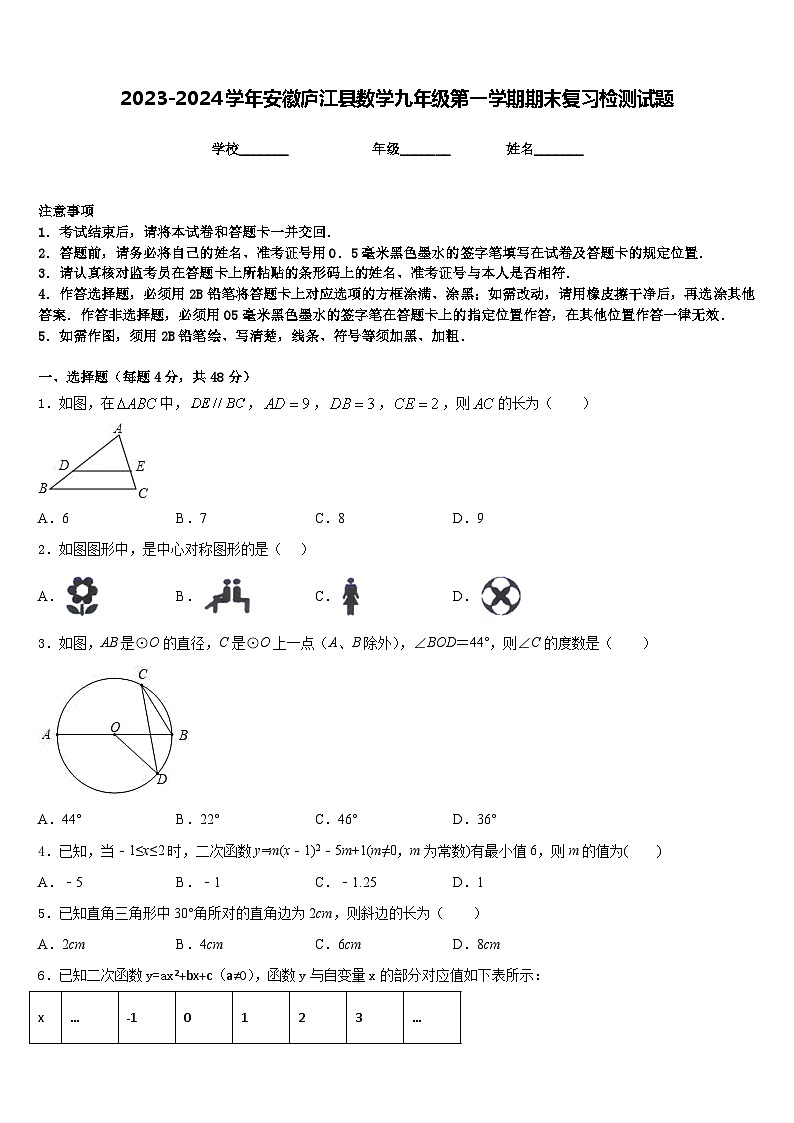 2023-2024学年安徽庐江县数学九年级第一学期期末复习检测试题含答案01