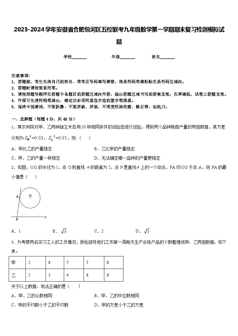 2023-2024学年安徽省合肥包河区五校联考九年级数学第一学期期末复习检测模拟试题含答案第1页