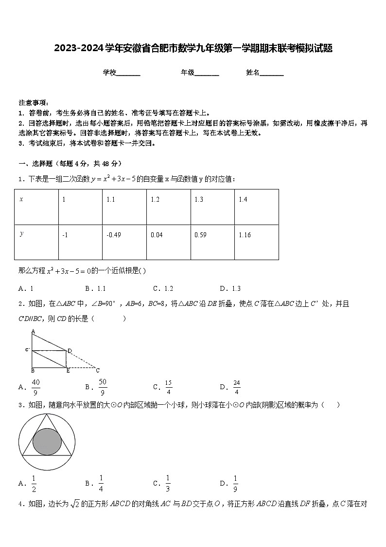 2023-2024学年安徽省合肥市数学九年级第一学期期末联考模拟试题含答案01