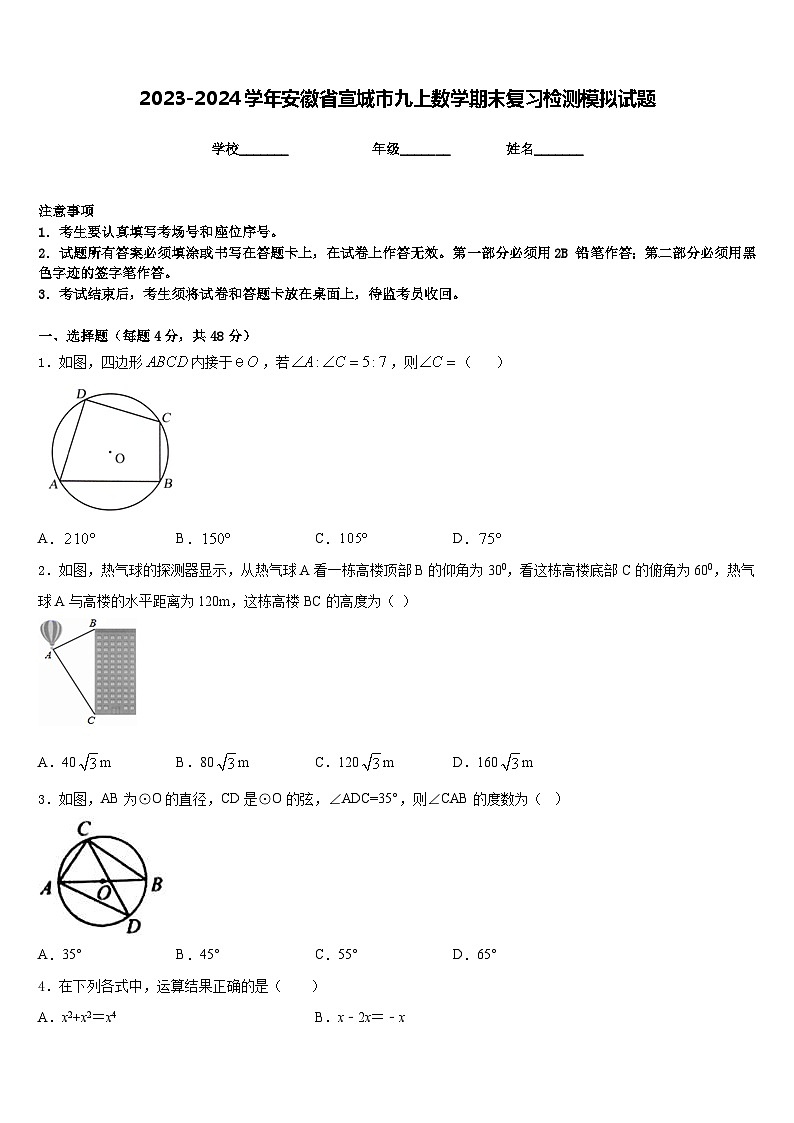 2023-2024学年安徽省宣城市九上数学期末复习检测模拟试题含答案第1页