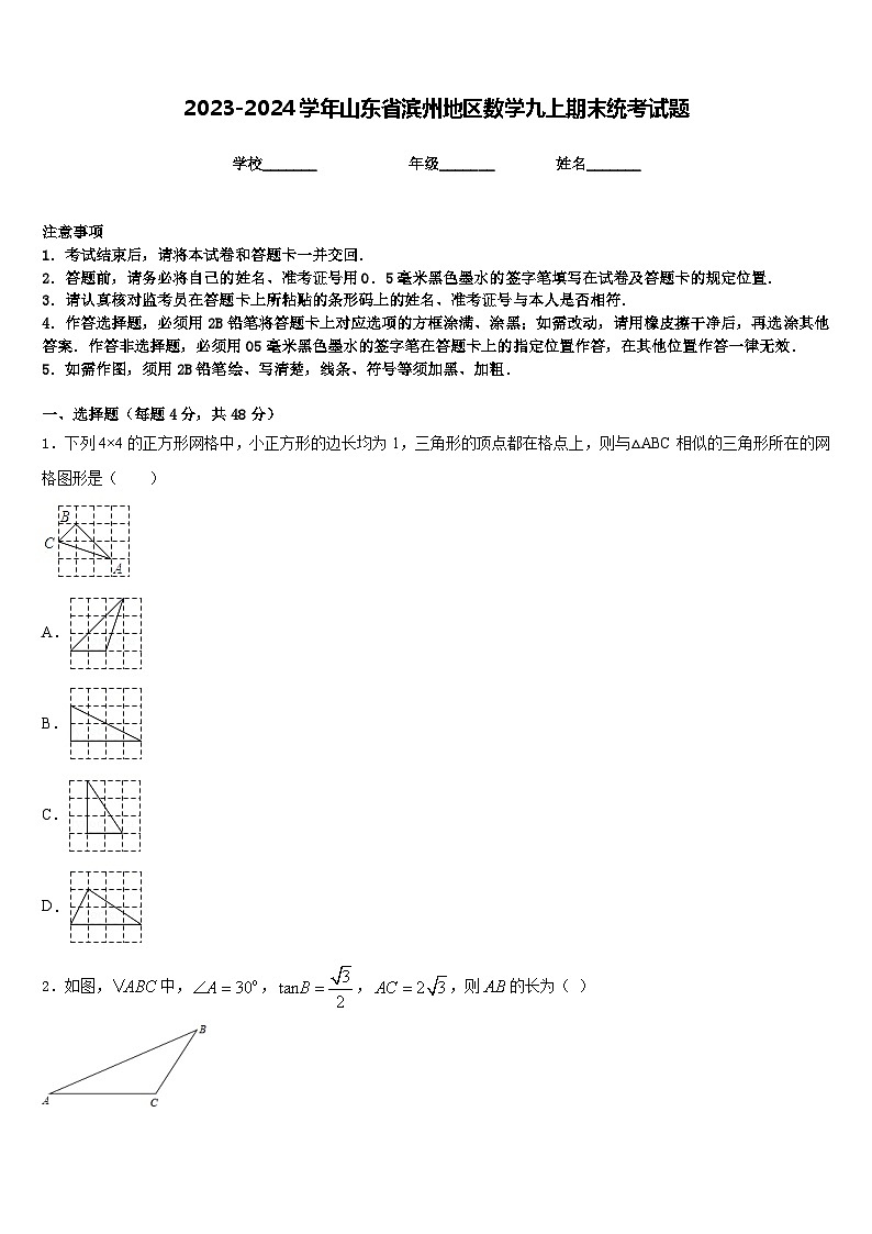 2023-2024学年山东省滨州地区数学九上期末统考试题含答案01